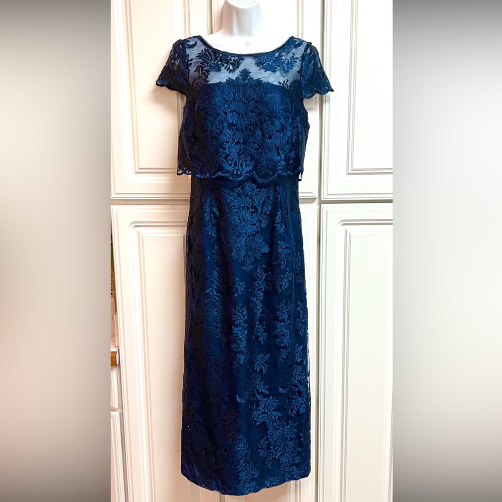 Adrianna Papell sz 6 sapphire navy blue lace sheath dress with short sleeves - Picture 3 of 6